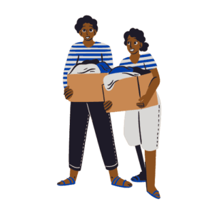 Photo of two people carrying boxes of clothing for donation.