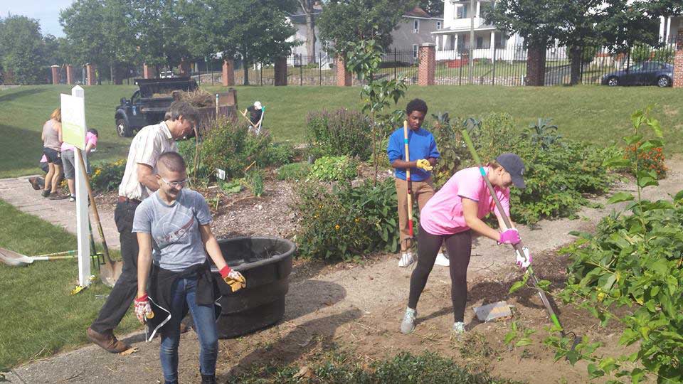 Volunteers work on WCSU's permaculture garden