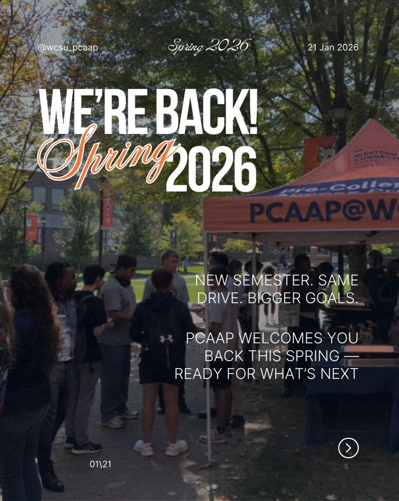 We’re back. 💙🧡

Spring 2026 starts today, and PCAAP is ready to support you every step of the way.

📍 Find us in Warner Hall whether you’re looking for a quiet study spot, a place to connect with peers, or just want to stop by and say hello.

Good luck this semester — you’ve got this. 🐺

#PCAAP #WCSU #Spring2026 #FirstDayOfClasses #GoWolves

⸻

Estamos de vuelta. 💙🧡

La primavera 2026 comienza hoy, y PCAAP está listo para apoyarte en cada paso del camino.

📍 Encuéntranos en Warner Hall, ya sea que necesites un lugar tranquilo para estudiar, un espacio para reunirte con tus compañeros, o simplemente quieras pasar a saludar.

¡Mucho éxito este semestre — tú puedes! 🐺

⸻

Estamos de volta. 💙🧡

O semestre da primavera de 2026 começa hoje, e a PCAAP está pronta para apoiar você em cada passo do caminho.

📍 Encontre-nos no Warner Hall, seja para estudar em um espaço tranquilo, se conectar com colegas ou apenas passar para dizer oi.

Boa sorte neste semestre — você consegue! 🐺
