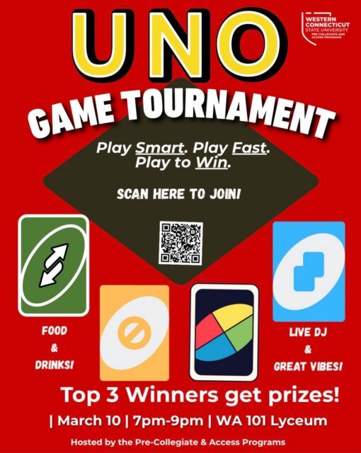 🔥 UNO Game Tournament!
🏆 Top 3 win prizes
🎶 Live DJ | 🍔 Food & Drinks
📅 March 10 | 7–9PM | WA 101
Scan to join. Play smart. Play fast. Win.

🔥 ¡Torneo de UNO!
🏆 Los 3 primeros ganan premios
🎶 DJ en vivo | 🍔 Comida y bebidas
📅 10 de marzo | 7–9PM | WA 101
Escanea y participa. Juega y gana.

🔥 Torneio de UNO!
🏆 Top 3 ganham prêmios
🎶 DJ ao vivo | 🍔 Comida e bebidas
📅 10 de março | 19h–21h | WA 101
Escaneie e participe. Jogue e vença.