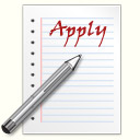A pen writing "Apply" in red on a lined piece of paper.