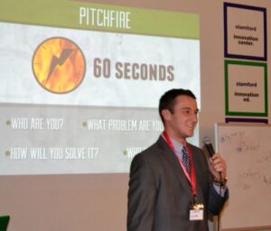 Connor Nolan pitches his idea at Startup Weekend at the Stamford Innovation Center.